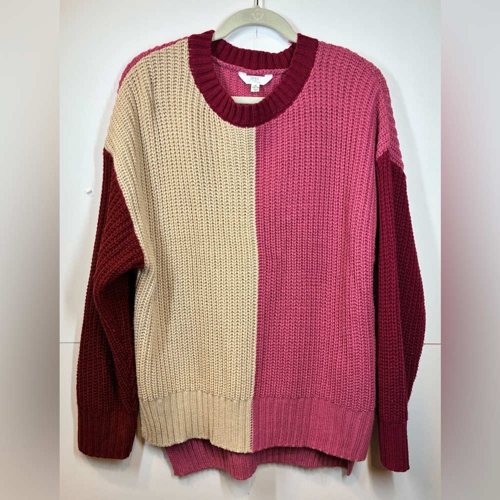 Time and Tru Women’s Pink Oatmeal Burgundy Colorblock Sweater Size XL